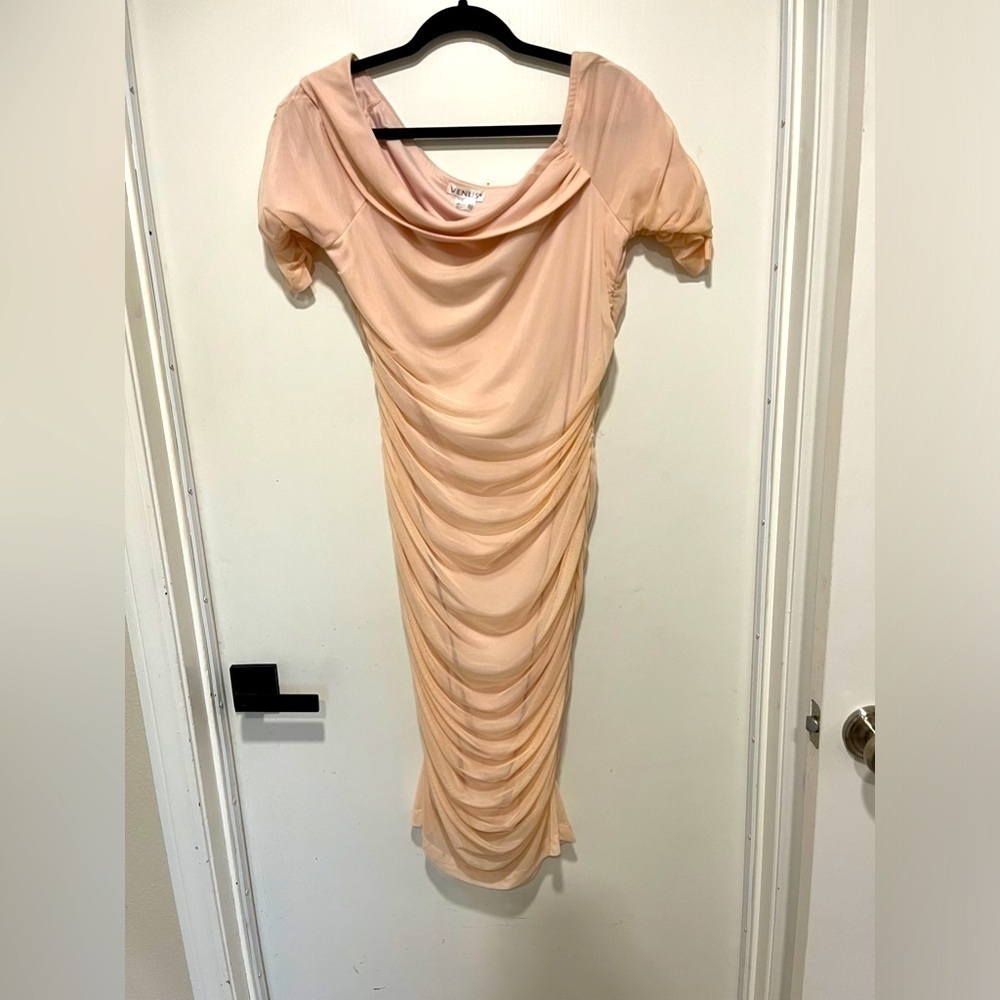 VENUS Scoop Neck Baby Pink Ruched Party Dress with Sleeves. XL